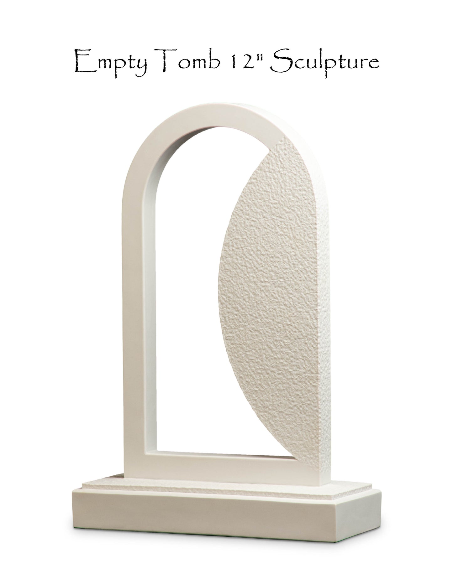 Empty Tomb mantle piece, white solid resin marble-like finish, size 12" H, standard base, textured stone