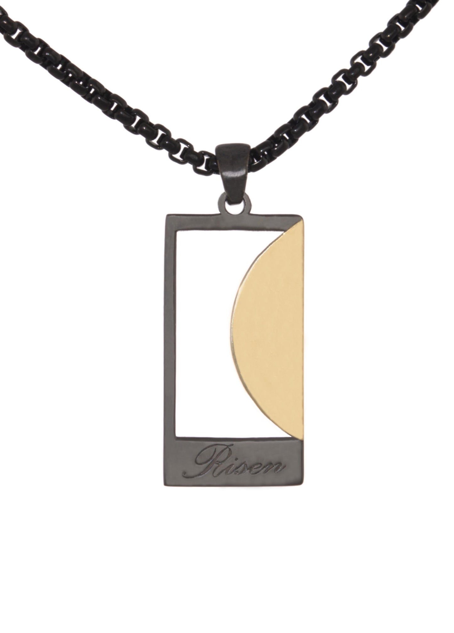 Empty Tomb pendant, sterling silver, black color tomb, gold plated stone, size 12mm x 23mm H, rectangular tomb, extended base, inscribed "Risen" font Palace Script, smooth stone. (CHAIN SOLD SEPARATELY)