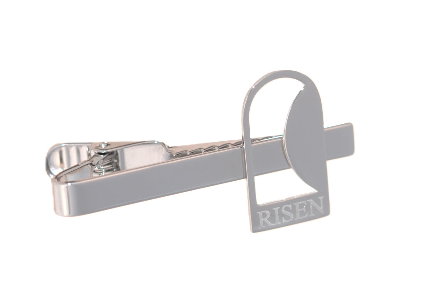 Empty Tomb tie clip, stainless steel, silver color, size 12mm x 23mm H, extended base, inscribed "RISEN" font Times New Roman, smooth stone
