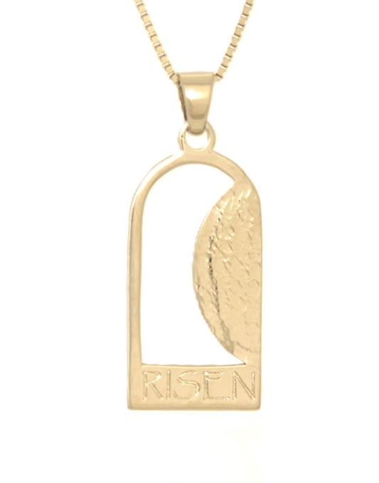 Empty Tomb pendant, gold plated, size 12mm x 23mm H, extended base, inscribed "RISEN" font Papyrus, textured stone