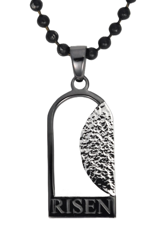 Empty Tomb pendant, sterling silver, black color tomb, sterling silver stone, size 12mm x 23mm H, extended base, inscribed "RISEN" font Times New Roman, textured stone. (CHAIN SOLD SEPARATELY.)