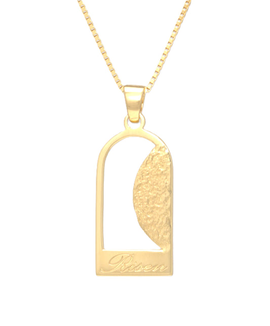 Empty Tomb pendant, gold plated, size 12mm x 23mm H, extended base, inscribed "Risen" font Palace script, textured stone. (CHAIN SOLD SEPARATELY)