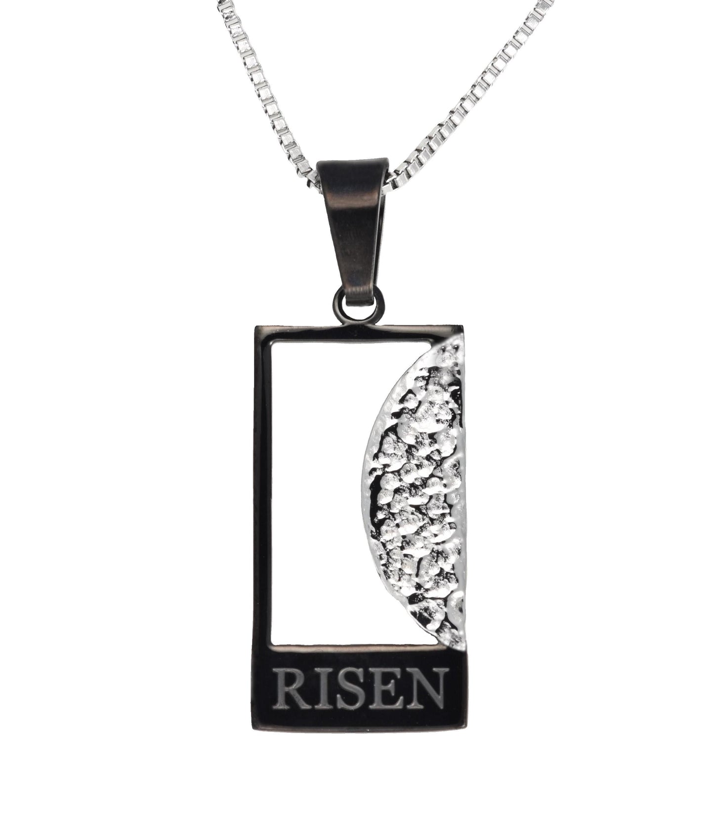 Empty Tomb pendant, stainless steel, black color, rectangular tomb,  silver color stone, size 12mm x 23mm H, extended base, inscribed "RISEN" font Times New Roman, textured stone. (CHAIN SOLD SEPARATELY)