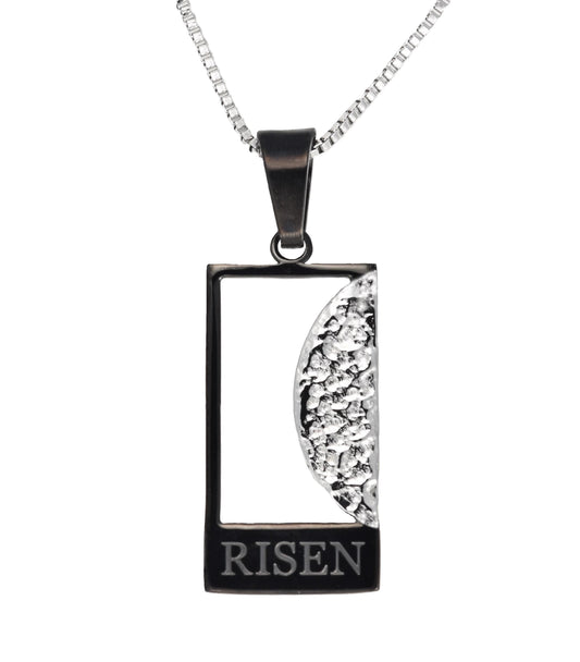 Empty Tomb pendant, stainless steel, black color, rectangular tomb,  silver color stone, size 12mm x 23mm H, extended base, inscribed "RISEN" font Times New Roman, textured stone. (CHAIN SOLD SEPARATELY)