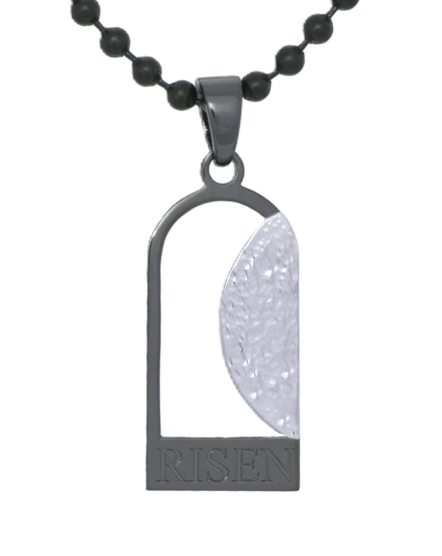 Empty Tomb pendant, black color tomb, sterling silver stone, size 12mm x 23mm H, extended base, inscribed "RISEN" font Times New Roman, textured stone. (CHAIN SOLD SEPARATELY.)