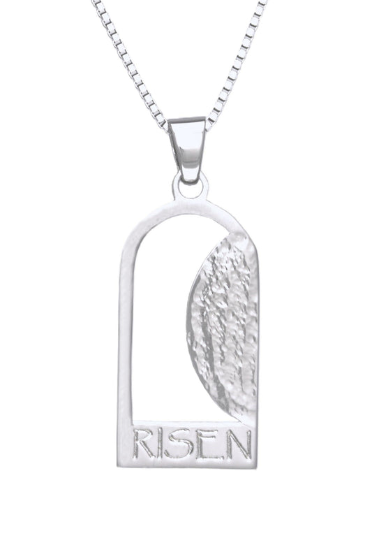 Empty Tomb pendant, sterling silver, size 12mm x 23mm H, extended base, inscribed "RISEN" font Papyrus, textured stone. (CHAIN SOLD SEPARATELY)