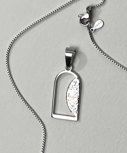 Empty Tomb pendant, stainless steel, silver color, size 12mm x 21mm H, standard base, textured stone. (CHAIN SOLD SEPARATELY.)