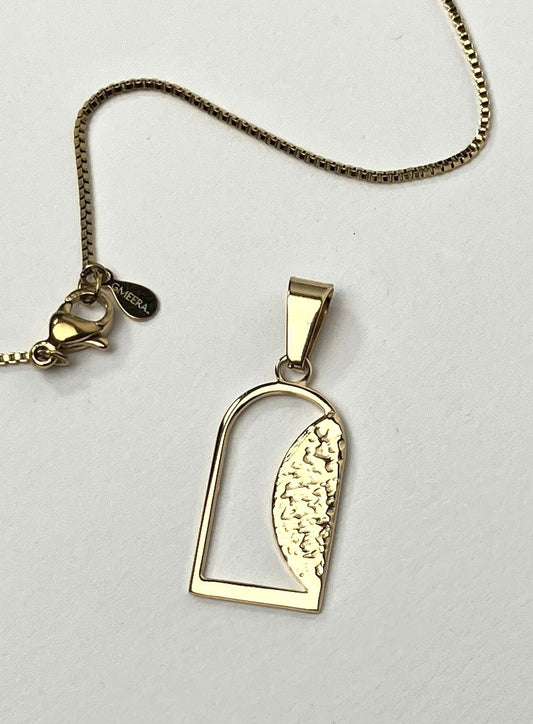 Empty Tomb pendant, stainless steel, gold color, size 12mm x 21mm H, standard base, textured stone. (CHAIN SOLD SEPARATELY.)