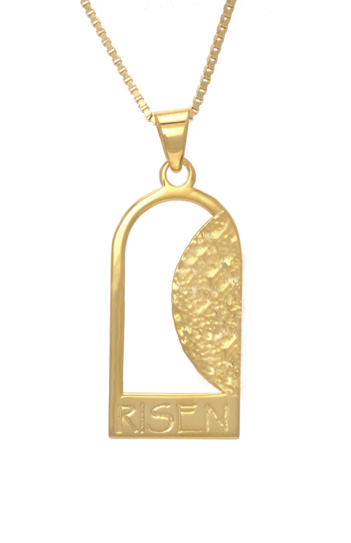 Empty Tomb pendant, gold plated, size 12mm x 23mm H, extended base, inscribed "RISEN" font Papyrus, textured stone