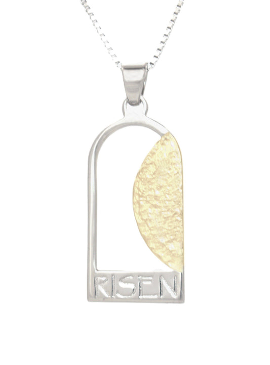 Empty Tomb pendant, sterling silver tomb, gold plate stone, size 12mm x 23mm H, extended base, inscribed "RISEN" font Papyrus, textured stone. (CHAIN SOLD SEPARATELY)