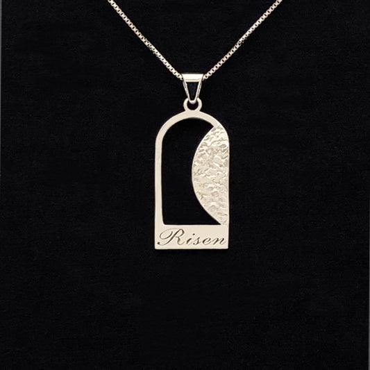 Empty Tomb pendant, sterling silver, size 12mm x 23mm H, extended base, inscribed "Risen" font Palace script, textured stone. (CHAIN SOLD SEPARATELY)